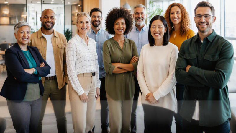 <p>Row of employees smiling</p>
